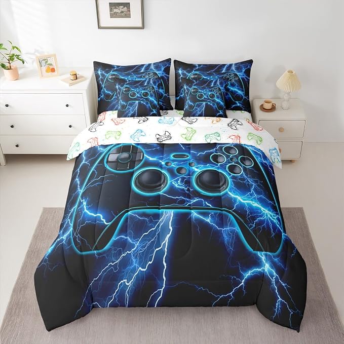 Erosebridal Gaming Comforter Set 7-Piece Bed in a Bag Twin, Gamer Bedding Sets Video Game Consoles Comforter and Sheet Set, Blue Lightning Room Decor,Gamer Room Decor for Boys