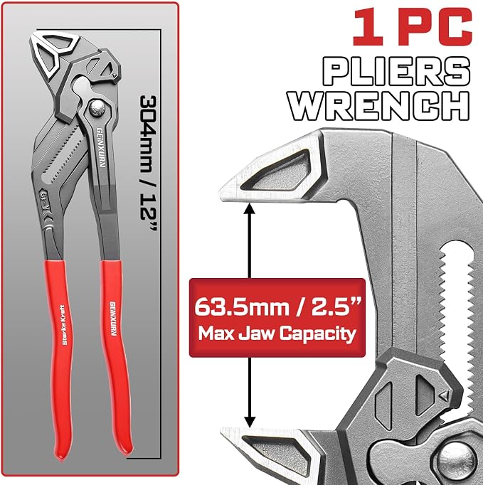 GEINXURN 12-Inch Pliers Wrench, 1PC Smooth V-Jaw Pliers with 24-Position Push-Lock, Fast Adjustable Slip Joint Pliers Set for Plumbing, Home Repair, and Pipe Fittings