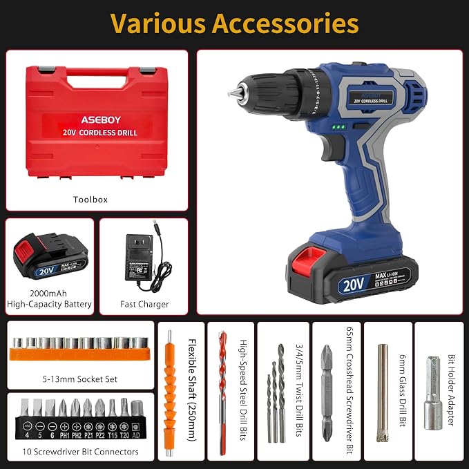 Cordless Drill with Battery and Charger, 20V Cordless Hammer Drill Kit, 30Nm Torque, 3/8" Keyless Chuck, 2-Speed for Home Repair and DIY Projects (1 Battery)