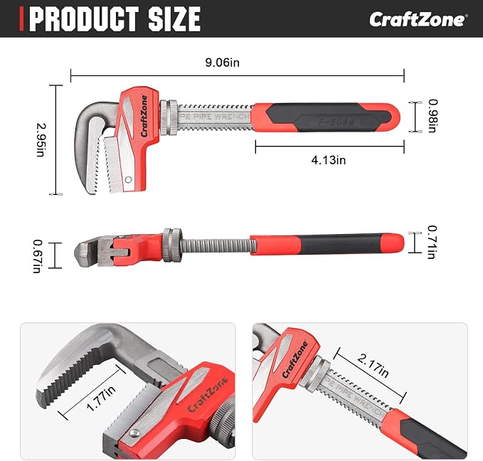 9 Inch Aluminum Pipe Wrench, Heavy-Duty Adjustable Plumbing Wrench, 50mm Max Jaw Capacity, Cr-V Steel Jaw, Lightweight Straight Pipe Wrench for Pipe Fittings