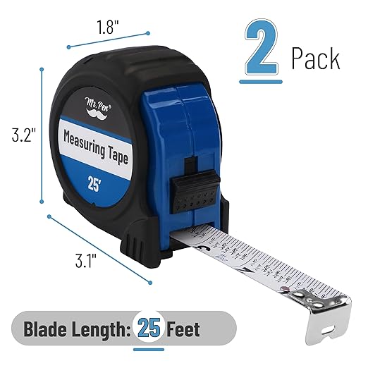 Mr. Pen- Retractable Tape Measure 25 ft, 2 Pack, Dark Blue, Easy Read, Steel Retractable Measuring Tape with Fractions, Ideal for Construction & DIY Projects