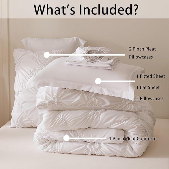 Nttopship White King Comforter Set - 7 Pieces Bed in a Bag, Premium Comforters King Size Bed Set Pintuck Pinch Pleat Complete Comforter Set with Flat Sheet, Fitted Sheet and Pillowcases,White