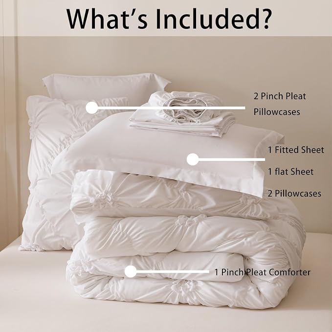 Nttopship White Queen Comforter Set - 7 Pieces Bed in a Bag, Premium Comforters Queen Size Bed Set Pintuck Pinch Pleat Complete Comforter Set with Flat Sheet, Fitted Sheet and Pillowcases,White
