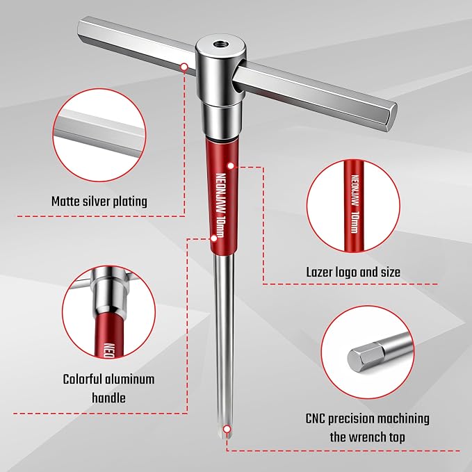 10pcs T-Handle Hex Allen Key Wrench Set 10mm 8mm 6mm 5mm 4.5mm 4mm 3.5mm 3mm 2.5mm 2mm with 3-Way Sliding Handle, Spinning Sleeve, Steel Storage Rack for DIY, Mechanics, Red