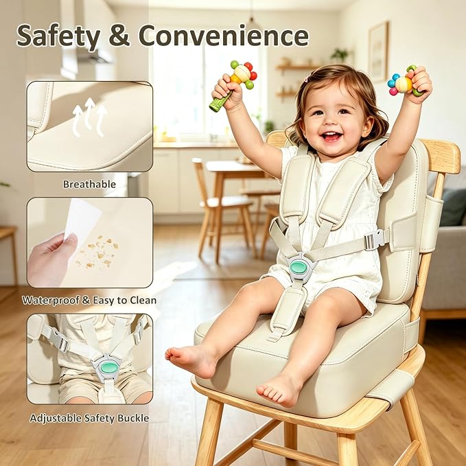 Toddler Booster Seat for Dining Table,Kitchen Chair Booster Cushion | Non-Slip Booster Seat with Backrest and 5 Piont Harness, PU Waterproof Travel Baby Booster Increasing Cushion