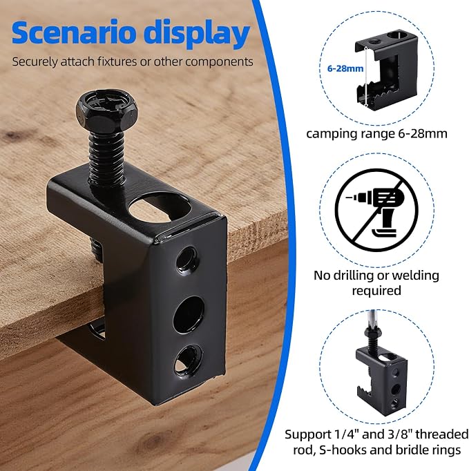 100pcs Spring Steel Beam Clamps 1/4"-20 Metal Beam Hangers Bolt on Clamp for 1/4" and 3/8" Threaded Rod, S-hooks and Bridle Rings, Black
