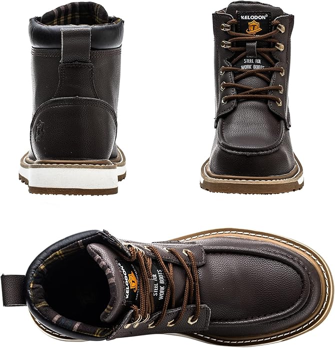 KELODON Waterproof Steel Toe Boots For Men-6" Leather Moc Toe Work Boots Mens Steel Toe Shoes Indestructible Non Slip Resistant Construction Safety Boot