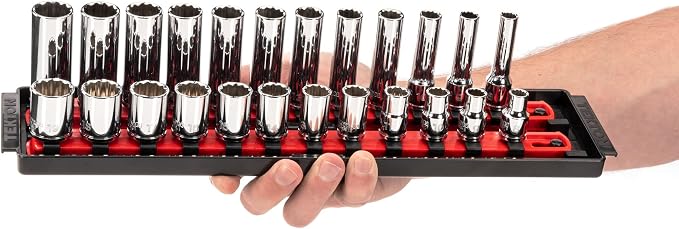 TEKTON 3/8 Inch Drive 12-Point Socket Set, 42-Piece | SHD91219 | (5/16 - 3/4 in., 8 - 19 mm), Shallow and Deep, Socket Rail