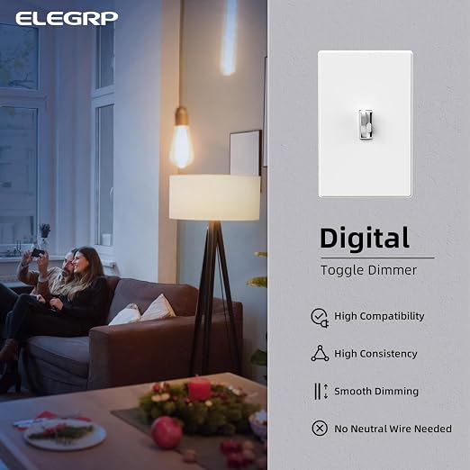 ELEGRP Digital Dimmer Switch for LED/CFL, Toggle Dimmer Switch with Decorative Frameless Design Wallplate, Single Pole/3-Way, UL Listed, 10 Pack, White
