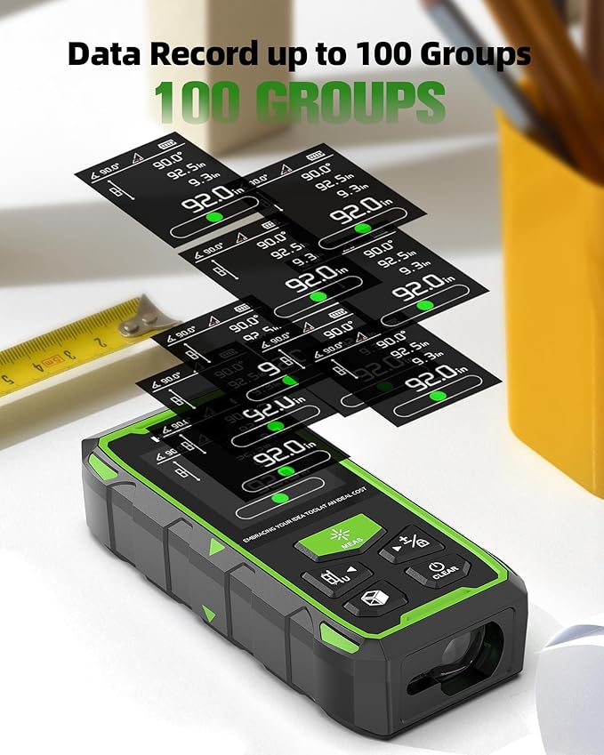 Huepar Dual Laser Measuring Tool, 393Ft Green-Beam Bilateral Digital Laser Distance Measure 6 Units Ft/in/M, Rechargeable Laser Measurement Tool -Backlit LCD Display, Length/Area/Volume/Angle Sensor