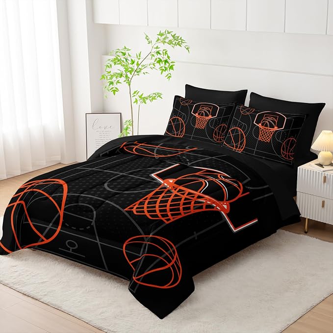Basketball Court Print Full Comforter Set for Boys,7Pcs Ball Sports Games Themed Bedding Set for Teens Kids Bedroom Decor,Soft Lightweight Comforter,Fitted Sheet,Flat Sheet,Pillowcases.