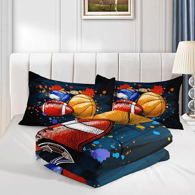 Axolotl Ball Game Bedding Set Full, Basketball & Volleyball Comforter Set Sports Bedding, Soccer & Football Comforter Colorful Grunge Style for Kids Boys Teens, 1 Quilt 2 Pillowcases