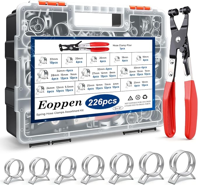 226Pcs 6-34mm Spring Hose Clamps Assortment Kit with Hose Clamp Plier - 24 Sizes Constant Tension Hose Clamps for Fuel Line Silicone Vacuum Hose Low Pressure Air Clamps(Grey)