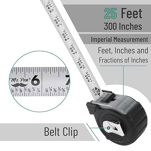Mr. Pen- Retractable Tape Measure 25 ft, Gray, Easy Read, Steel Retractable Measuring Tape with Fractions, Ideal for Construction & DIY Projects