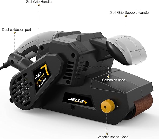 Jellas 3 × 21-Inch Belt Sander with Dust Bag, 7Amp Sander Machine with Variable-speed Control, 2 in 1 Vacuum Adapters, 10Feet (3 meters) Length Power Cord