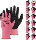 KAYGO Work Gloves for Men and Women,12 Pairs Seamless Knit PU Coated Safety Gloves, with Smooth Grip on Palm and Fingers, Ideal for Light Warehouse, Manufacturing, Gardening, KG11P (S,Pink)