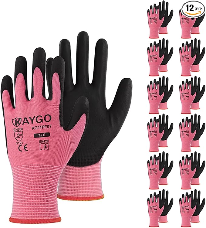 KAYGO Work Gloves for Men and Women,12 Pairs Seamless Knit PU Coated Safety Gloves, with Smooth Grip on Palm and Fingers, Ideal for Light Warehouse, Manufacturing, Gardening, KG11P (S,Pink)