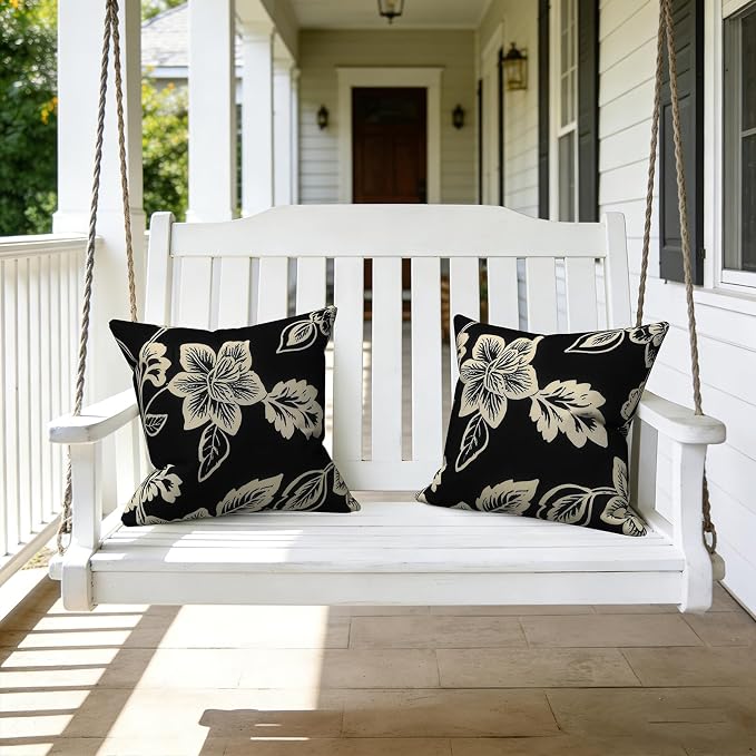 LVTXIII Outdoor Throw Pillows 16x16 Inch, Set of 2 Square Decorative Pillows with Inserts for Patio Furniture, Porch Chair, Garden Sofa, Elegant Vines Black