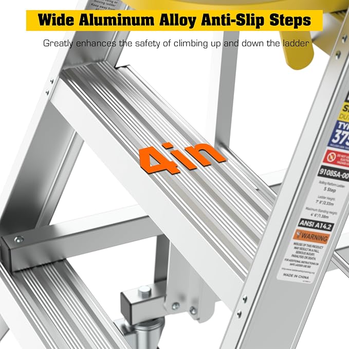 4 Step Rolling Platform Ladder Industrial Rolling Ladder with Wheels Non-Slip Aluminum Scaffolding Platform Stairs for Warehouse, Garage, 20"×24" Platform, 375lbs Capacity