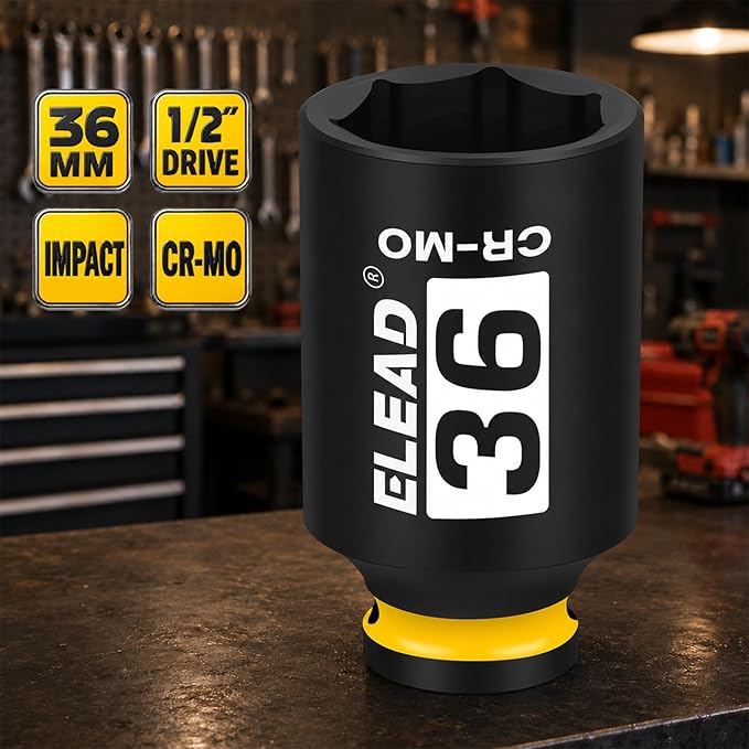 ELEAD 36mm Socket 1/2" Drive Deep Impact Socket, Metric 6 Point 1/2-inch Drive Impact Axle Nut Sockets, CR-MO Nut Socket Set, Oil Filter Sockets, Tools for Easy Removal of Axle Shaft Nuts