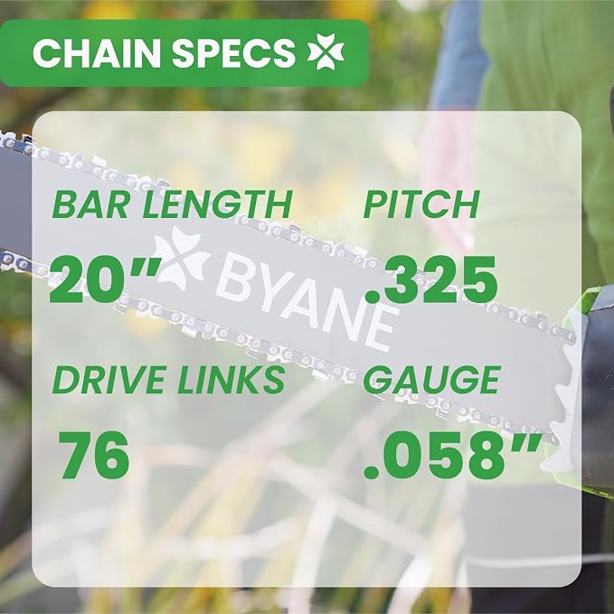 BYANE 20-Inch Carbide Chainsaw Chain .325" Pitch .058" Gauge 76 Drive Links | Fits Blue Max 53543, 52209, 8901, 8902 and Oregon 21LPX076G