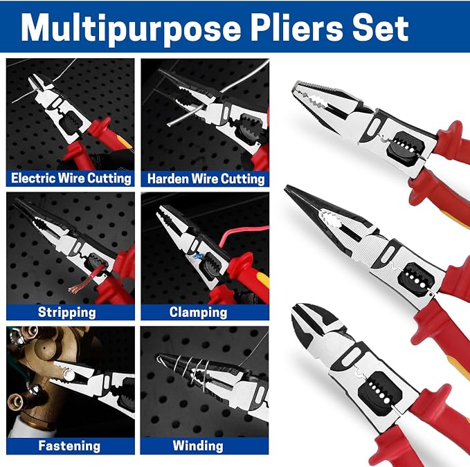 3 PCS Multifunctional Insulated Pliers Set with Tool Pouch