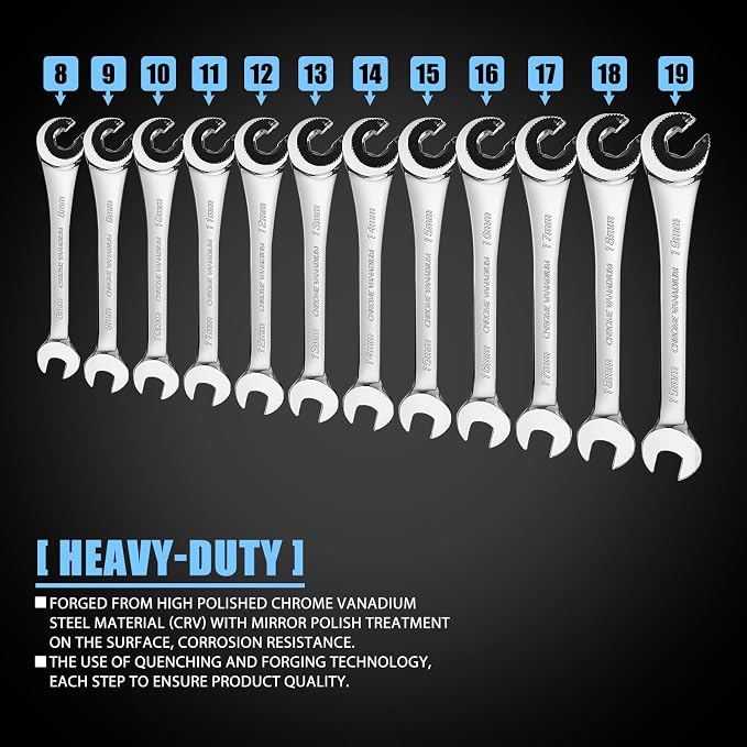 LOSCHEN 12pcs/set 8-19mm Metric Ratcheting Wrench Combination Wrench Set with 72 Teeth, Chrome Vanadium Steel Tubing Ratchet Spanner（US and European Patents）