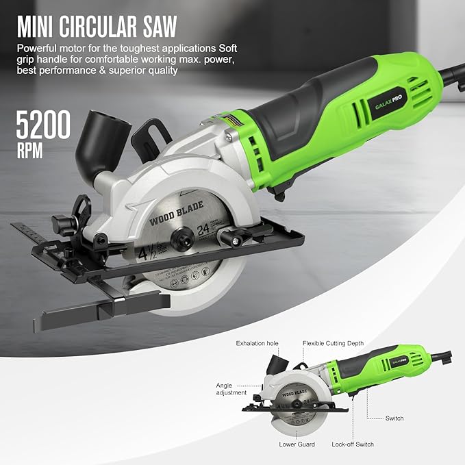 GALAX PRO 710W Mini Circular Saw 3 Pcs Saw Blades (115mm), 5200RPM Electric Circular Saw,1-2/3''(90°)/1''(45°) Cutting Depth, Portable and Compact for Wood/Metal/Plastic