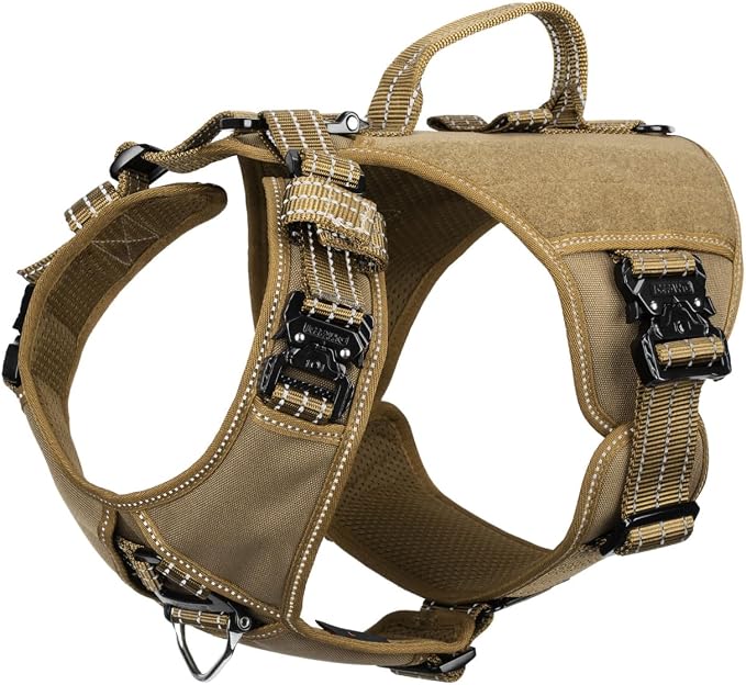 ICEFANG Quick-Moving Tactical Dog Harness for Medium Dogs,No Pull Dog Vest | Control Handle,Reflective,Full Metal Buckles,Adjustable,Hook-and-Loop Panel,Soft Padded,Brown,Medium