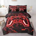 Gaming King Size Comforter Set with Sheets, Neon Honeycomb Gamer 7-Piece Bedding Set Video Game Consoles Bed in a Bag, Red Hexagon Lights Room Decor,Kids Bedroom Decor