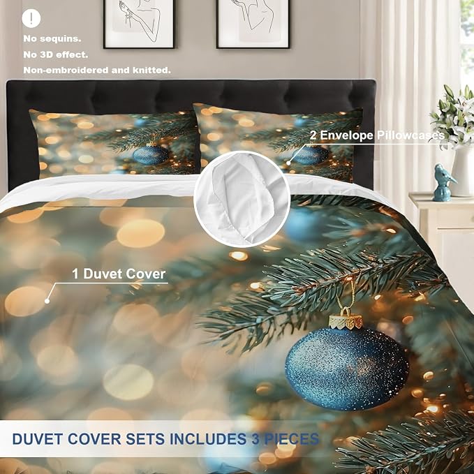 Batmerry Christmas Tree King Size 100% Cotton Duvet Cover Sets, Blue Baubles Fir Branches Bedding Set with Zipper Closure Corner Ties, 3 Pieces (1 Cover + 2 Pillowcases No Comforter)