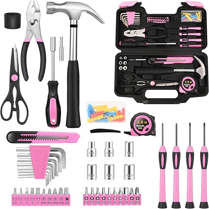 132 Piece Pink Tool Set, Womens Tool Kit for House, All Purpose Tool Kit for Home & Women, Small Home Repair Tool Set with Plastic Storage Toolbox for Garage, Office, College Dormitory, DIY Projects