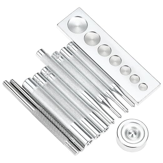 QWORK Punch Tool Punch Snap Kit, Set of 11 Pcs Stainless Steel Rivet Setting Tool, Round Hole Punch Die Tool