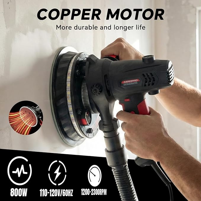 AEROPRO Tools Electric Drywall Sander 800W with Vacuum Dust Collection, Popcorn Ceiling Remover, 1200-2300RPM, Soft Start, LED Light, Auxiliary Handle, 12 Sanding Discs & 1 Polishing Pad