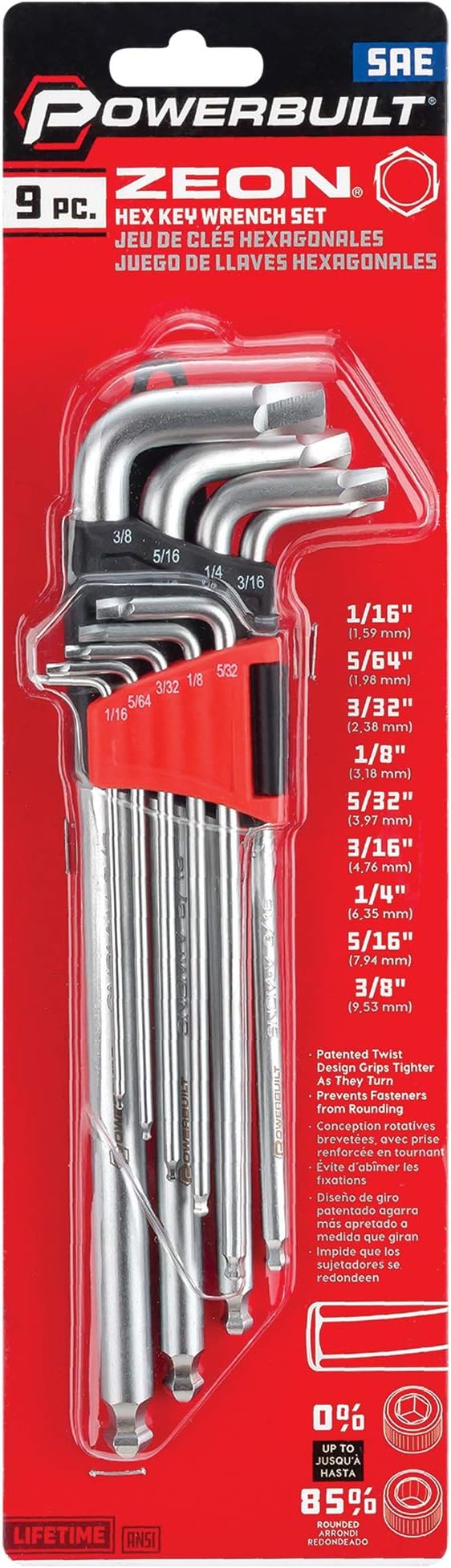 Powerbuilt 9 Piece SAE Hex Key Wrench Set for Damaged Fasteners, Standard, Grip Rusted, Rounded Bolts, Long End - Zeon Series 240096