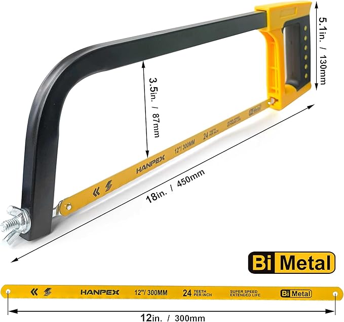 Hanpex 12inch High-Tension Hacksaw Frame with 24 TPI Bi-metal Blade, Hand Saw Suitable for Metal, wood, PVC, Carpentry
