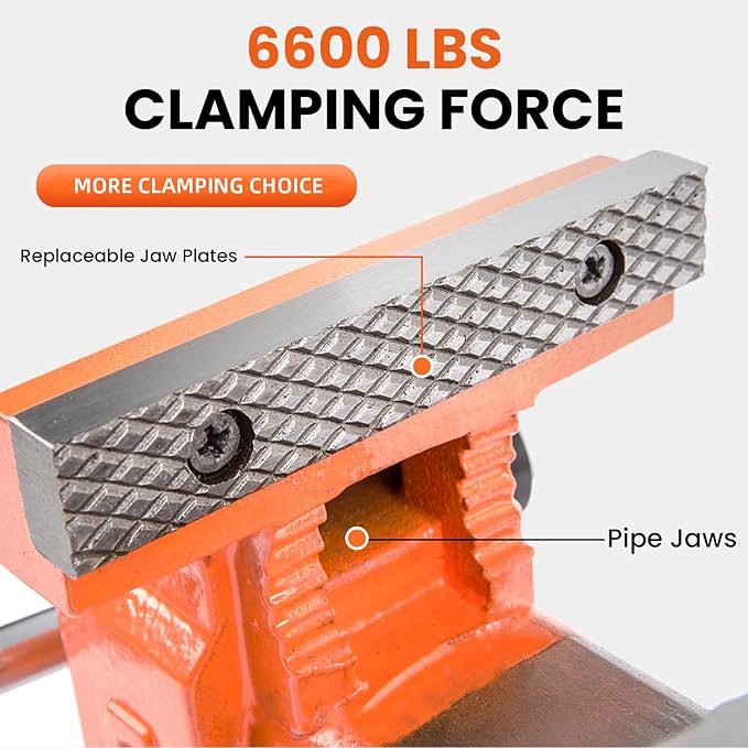 Forward Bench Vise 6 Inch Ductile Iron Bench Vice with 360 Degree Swivel Base and Channel Steel Guide Bar 30606 (6")