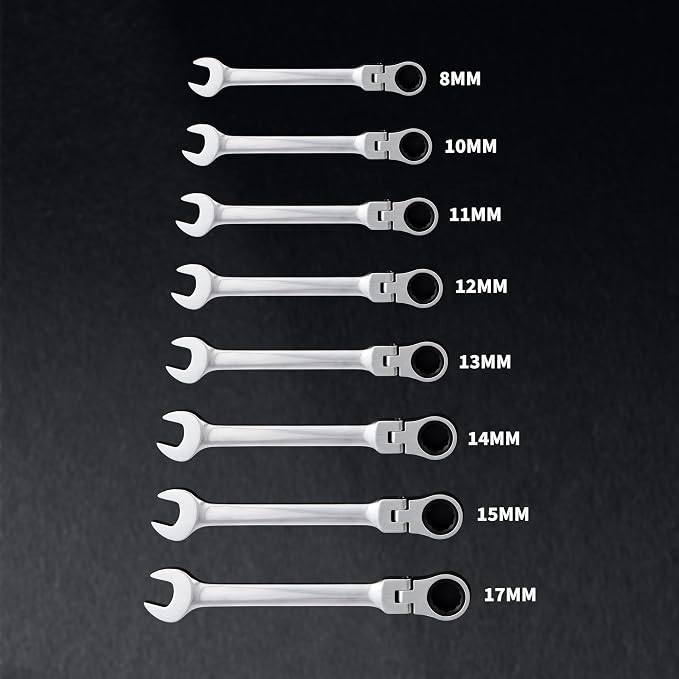 Garvee 8 Piece Metric Ratcheting Wrench Set Combination Ratcheting Wrench | 72-Tooth 5° Swing Arc CR-V Steel | Metric 8-17mm Coverage for Automotive Repair, Mechanical Maintenance DIY Project