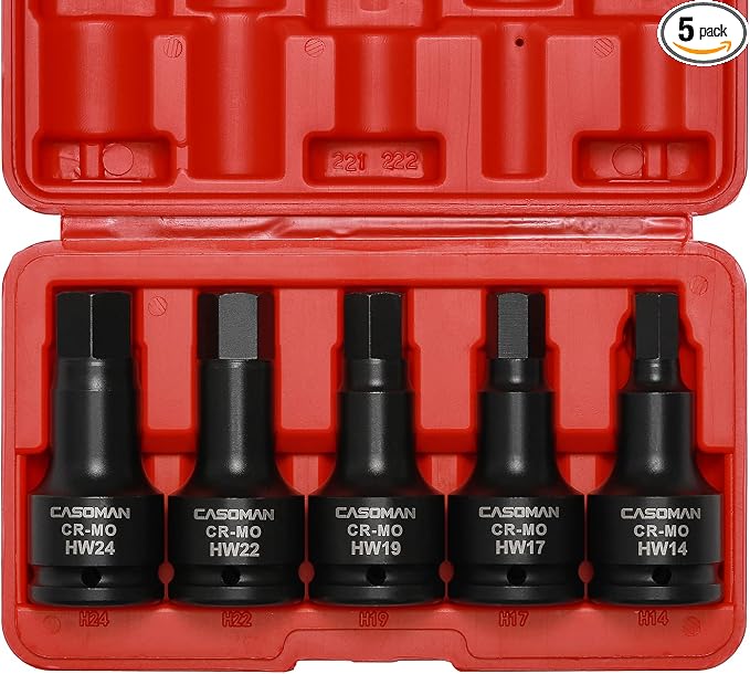CASOMAN 3/4 Inch Drive Impact Hex Driver Set, 5-Pieces, Metric, 14mm, 17mm, 19mm, 22mm, 24mm, 3/4" Drive Master Impact Hex Bit Set, CR-MO, Impact Grade, One-Piece Construction
