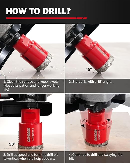 DAYDOOR Diamond Hole Saw Kit, 8-Piece Tile Hole Saw Kit 1/4" 5/16" 3/8" 1/2" 4/5" 1-3/8", Vacuum Brazed Core Drill Bits for Porcelain Tile, Granite, Marble, Stone(Red)