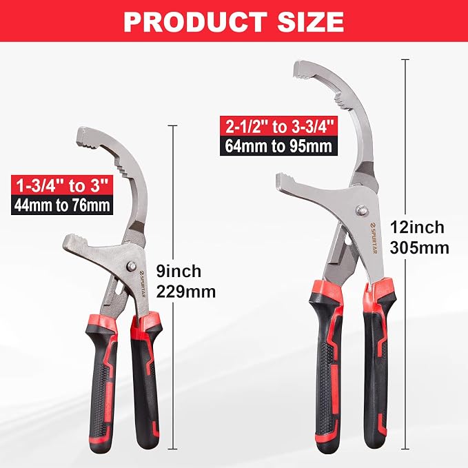 Spurtar Oil Filter Wrench Set, 9'' & 12'' Universal Oil Filter Removal Tool | Fits Filters 1-3/4" to 3-3/4" (44-95mm) Adjustable Oil Filter Plier for 4S Shop Auto Repair Mechanic Generator Small Engine
