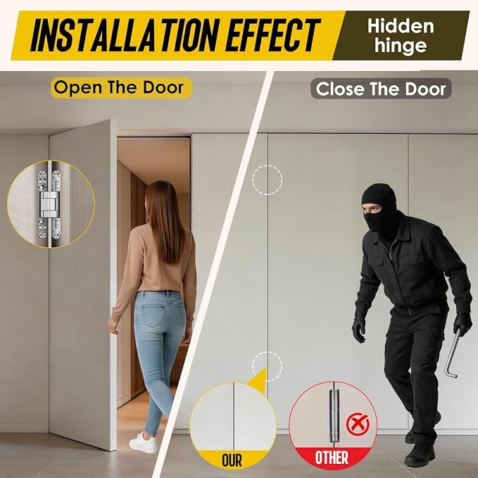 6inch Hidden Door Hinge,Concealed Hinges,Hidden Door Hardware kit,Invisible Door Silent 180 Degree Swing Hinge 3-Way Adjustable Butt 6 x 2.5 x 1inch (Silver, 6 inches)