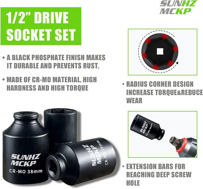SUNKPMCKP 1/2" Drive Deep 6-Point Impact Socket Set, 9-Piece METRIC Spindle Axle Nut Impact Socket Set, Cr-Mo, 29mm - 38mm
