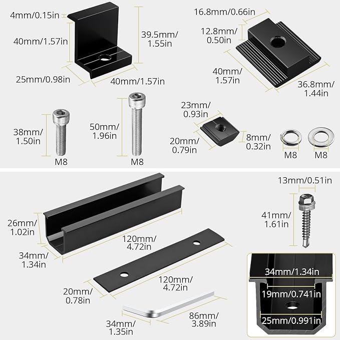Anbte Solar Panel Mounting Brackets for Roof, Aluminum Solar Rails, Black | Solar Panel Mounting Kit For 4 Panels, Included 10 X 4.72 In Rails+4 X 1.57" End/Mid Clamps +1 Wrench, For Roof, RV, Boat