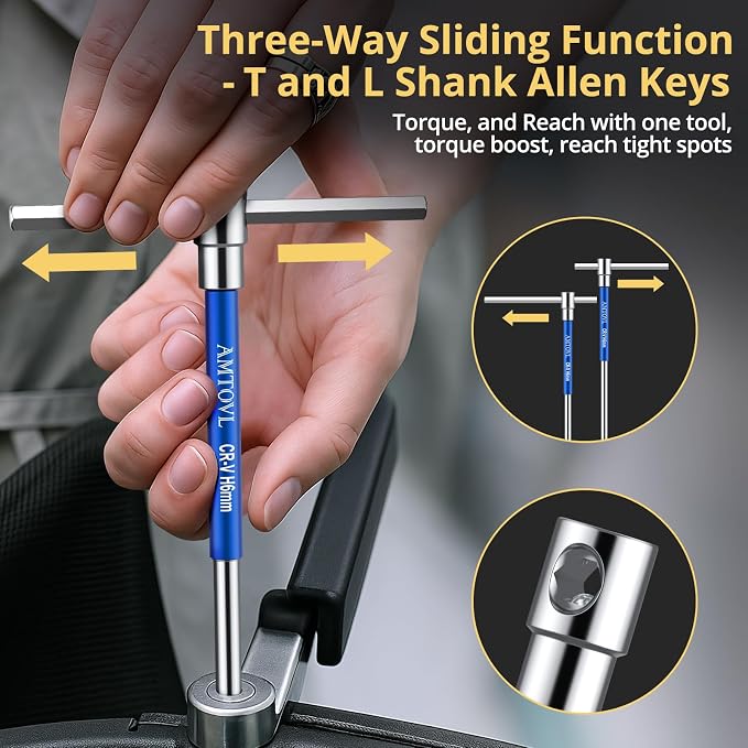 AMTOVL T-Handle Hex Allen Wrench Set - Metric, 10 Pcs 2mm-10mm | 3 Way T-Handle Allen Key Set Sliding Handle, Chrome Vanadium Steel, with Carry Box, for DIY Mechanicsand Bicycle Enthusiasts