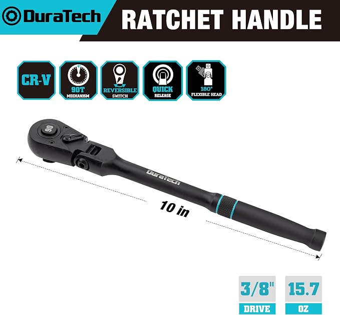 DURATECH 3/8-Inch Flex-Head Ratchet, 90-Tooth Quick-Release Ratchet Wrench | Socket Wrench with 180° Pivoting Head and 7-Position Setting, Reversible, CR-V Made, CR-MO Head, Black Mn Phosphate Finish