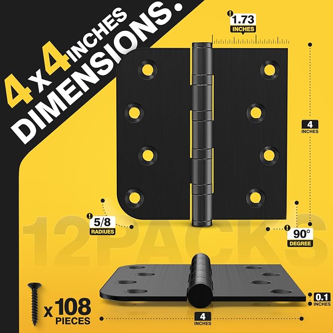 KOLET Ball Bearing Door Hinges, 4 x 4 Inches Black Door Hinges, Heavy Duty Stainless Steel Hinges, Square and 5/8'' Radius Corner, Smooth and Quiet, Non Removable Pin, Matte Black, 12 Pack