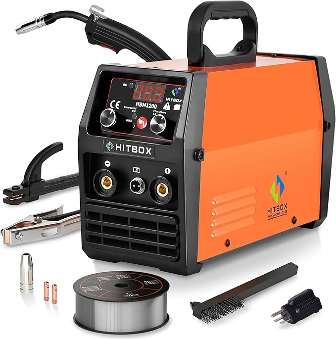 HITBOX 140A MIG Welder Gasless, 110V/220V Dual Voltage Flux Core Welder Flux MIG/Lift TIG/Stick 3 In 1 Synergy MIG Welding Machine With Torch Clamp and 0.8mm Flux Wire
