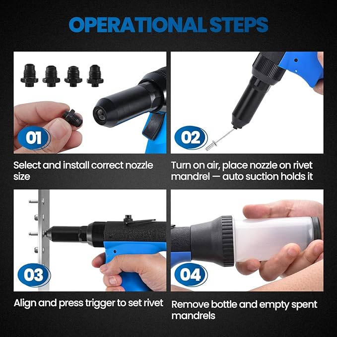 Pneumatic Rivet Gun Air Pop Riveter Tool Kit with 3/32", 1/8", 5/32", 3/16" Rivet Nozzles, Self-Suction Pneumatic Riveting Gun, Upgraded Air Riveter Hydraulic Pop Riveting Rivets Tool