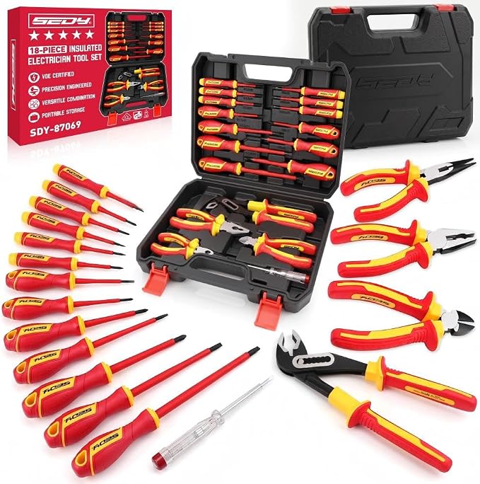 18-Piece Insulated Electrician Tool Set, VDE 1000V Insulated Screwdrivers, Voltage Tester, Long Nose, Diagonal Cutting and Water Pump Pliers for Electrical Work, Home Repair and Maintenance
